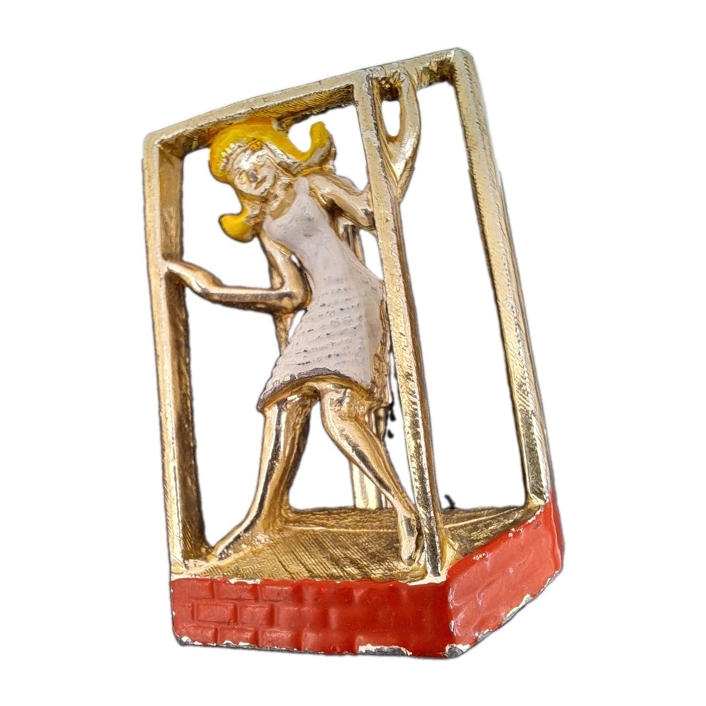 Vintage Retro The Gadabout 'Girl‎ in the Box' Enamel Brooch Pin 1950's-60's